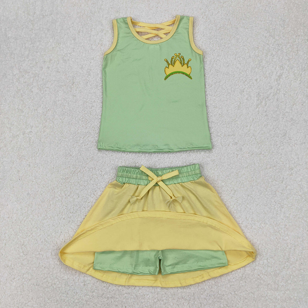 GSD2071  Crown Green Print Vest Top Yellow Skirts Shorts Girls Summer Cartoon Princess Clothes Set