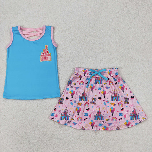 GSD2072  Castle Blue Print Vest Top Skirts Shorts Girls Summer Cartoon Princess Clothes Set