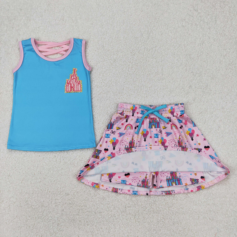 GSD2072  Castle Blue Print Vest Top Skirts Shorts Girls Summer Cartoon Princess Clothes Set