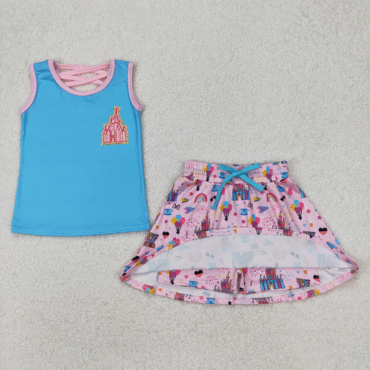GSD2072  Castle Blue Print Vest Top Skirts Shorts Girls Summer Cartoon Princess Clothes Set