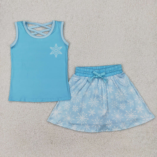 GSD2074  Snowflake Blue Print Vest Top Skirts Shorts Girls Summer Cartoon Princess Clothes Set