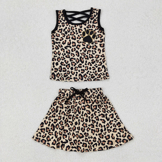 GSD2077  Paw Leopard Print Vest Top Skirts Shorts Girls Summer Clothes Set