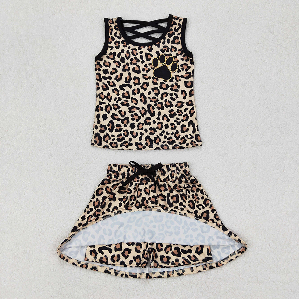 GSD2077  Paw Leopard Print Vest Top Skirts Shorts Girls Summer Clothes Set