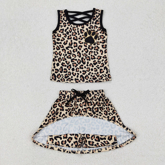 GSD2077  Paw Leopard Print Vest Top Skirts Shorts Girls Summer Clothes Set