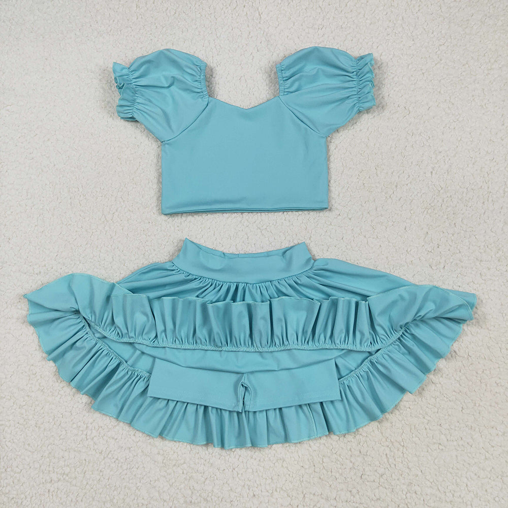 3 Colors Puff Sleeves Tank Top Ruffle Skort GirlsYoga Clothes Set Sisters Active Wear