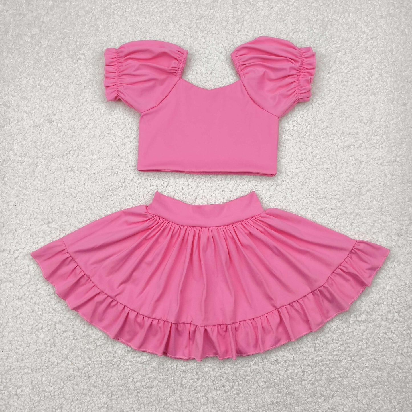 3 Colors Puff Sleeves Tank Top Ruffle Skort GirlsYoga Clothes Set Sisters Active Wear