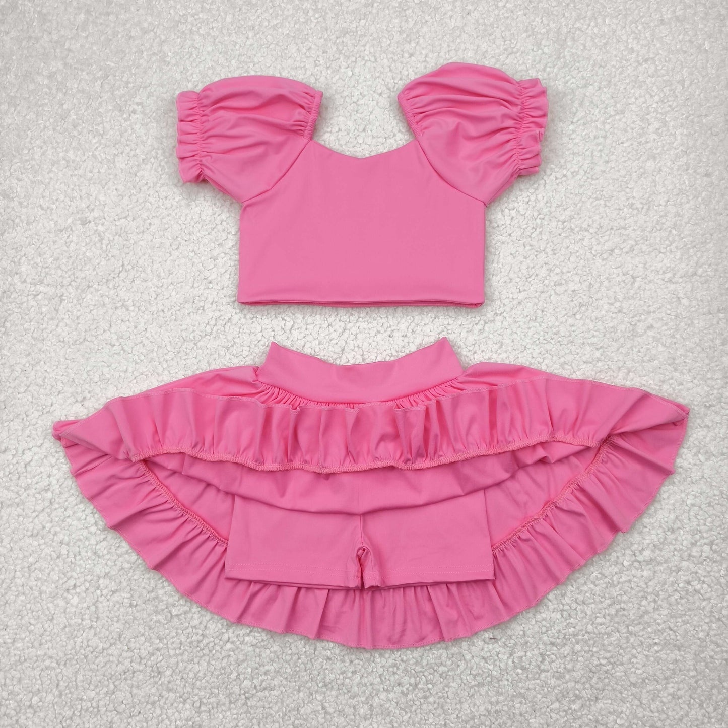 3 Colors Puff Sleeves Tank Top Ruffle Skort GirlsYoga Clothes Set Sisters Active Wear