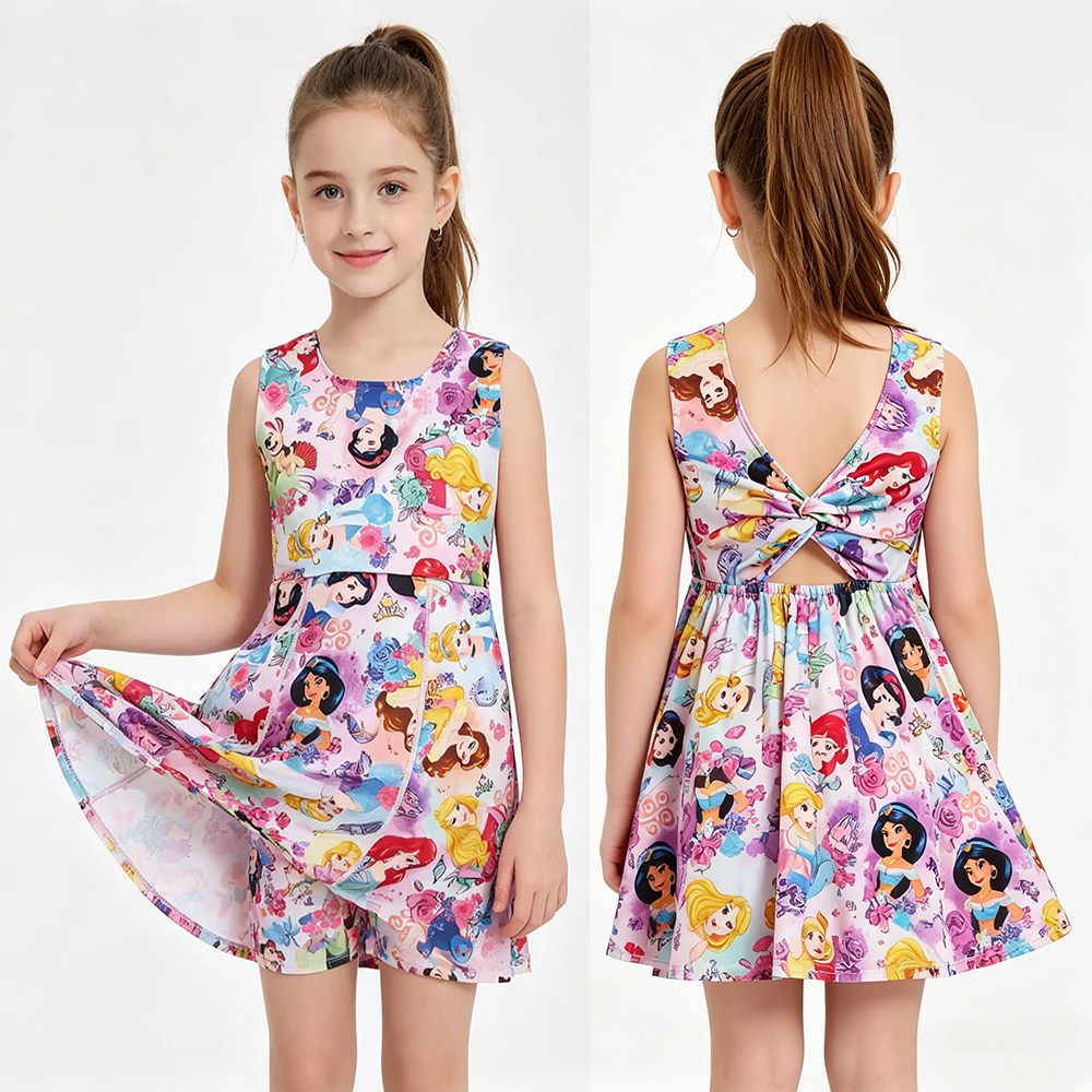 GSD2136 Cartoon Princess Flowers Baby Girls Sleeveless Backless Active Dress
