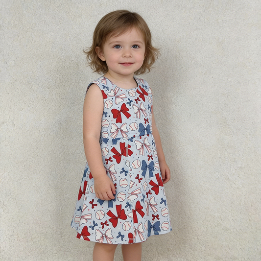 GSD2150 Girls Baseball Bows Print 4th of July Knee Length Yoga Dress