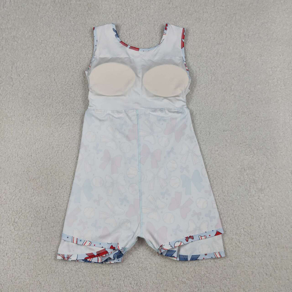 GSD2150 Girls Baseball Bows Print 4th of July Knee Length Yoga Dress