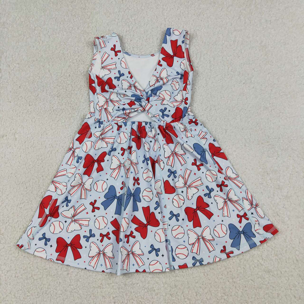 GSD2150 Girls Baseball Bows Print 4th of July Knee Length Yoga Dress
