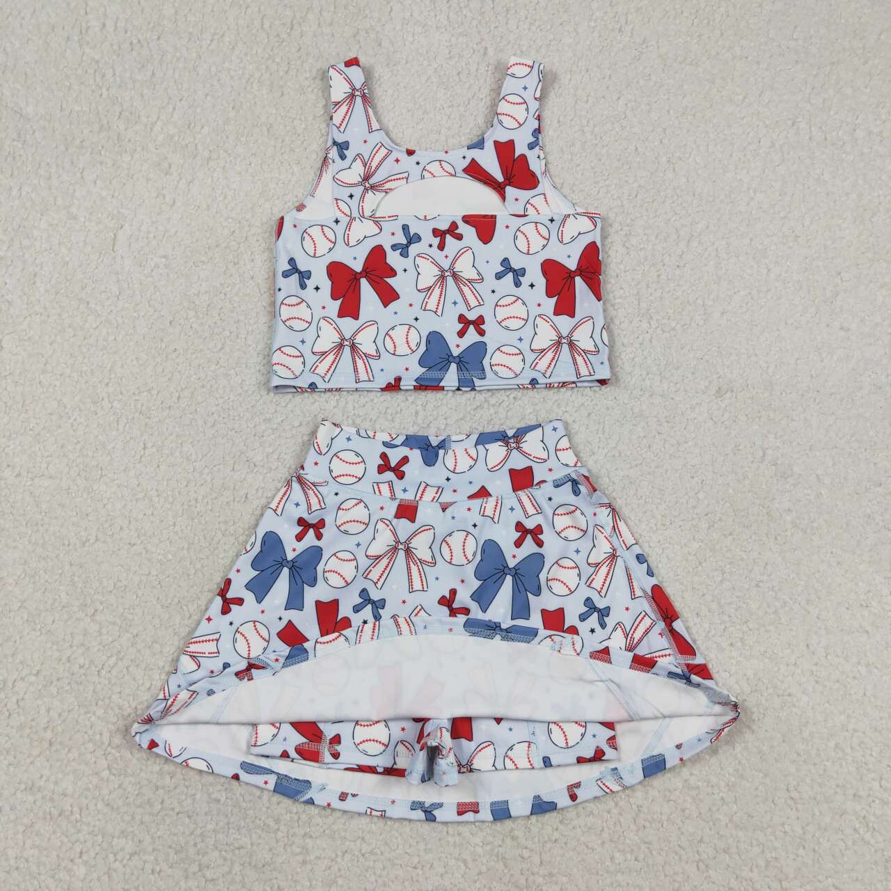 GSD2151 Baseball Bows Tank Top Skirts Shorts Girls 4th of July Yoga Clothes Set