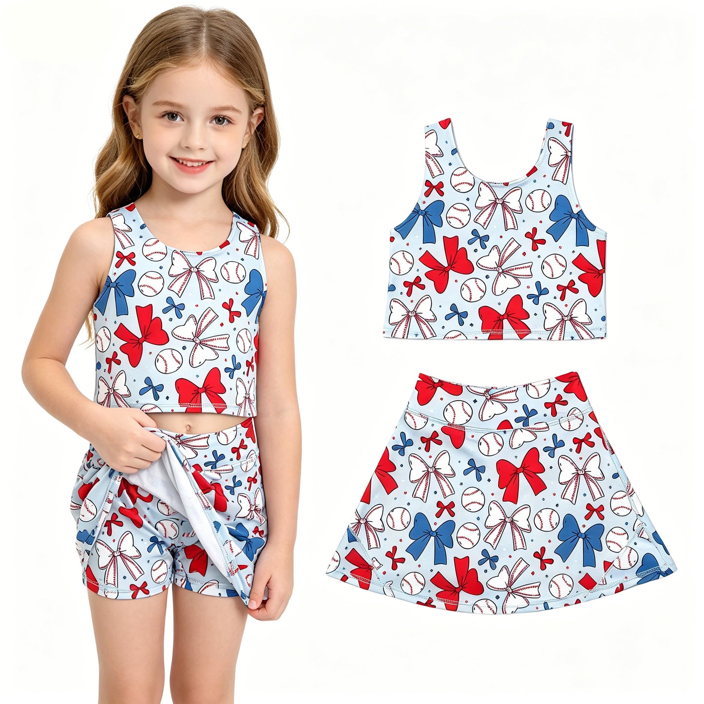 GSD2151 Baseball Bows Tank Top Skirts Shorts Girls 4th of July Yoga Clothes Set