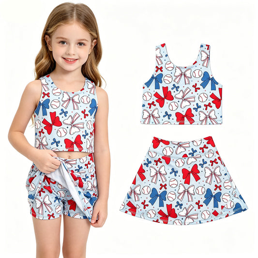 GSD2151 Baseball Bows Tank Top Skirts Shorts Girls 4th of July Yoga Clothes Set