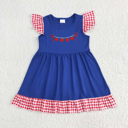 GSD2153 Apple Embroidery Red Plaid Blue Girls Back to School Dress