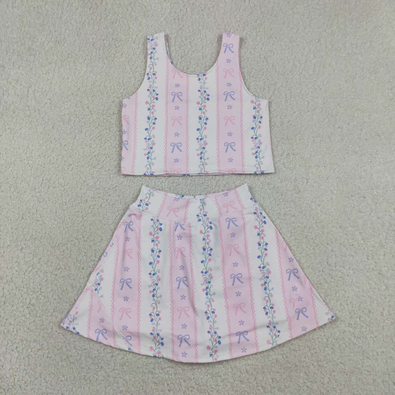 GSD2216 Pink Flowers Tank Top Skort Girls Summer Yoga Clothes Set
