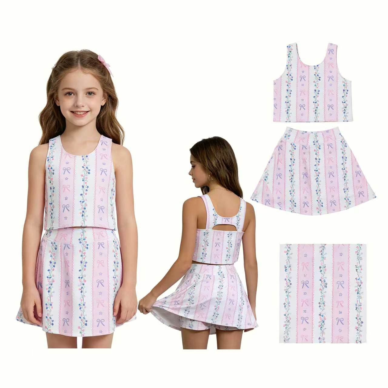 GSD2216 Pink Flowers Tank Top Skort Girls Summer Yoga Clothes Set