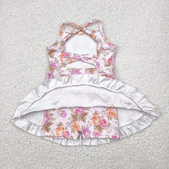 Baby Girls Peach Strap Floral Yoga Ruffle Knee Length Dresses