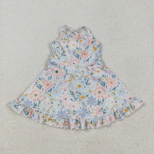 Baby Girls Aqua Strap Floral Yoga Ruffle Knee Length Dresses
