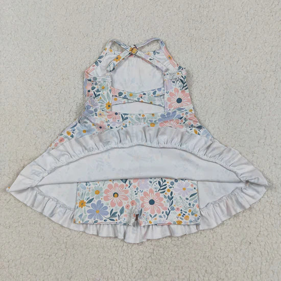 Baby Girls Aqua Strap Floral Yoga Ruffle Knee Length Dresses