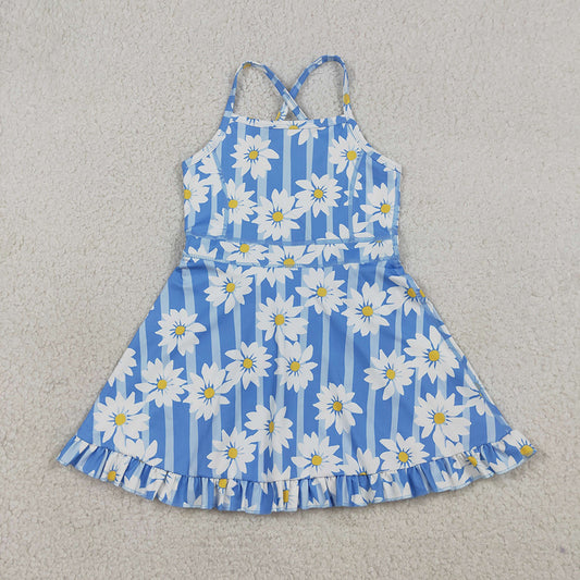 GSD2283  Flowers Blue Stripes Print Girls Summer Strap Shorts Ruffle Knee Length Yoga Dress