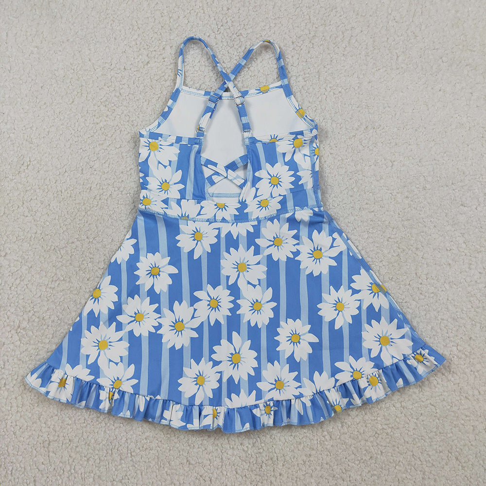 GSD2283  Flowers Blue Stripes Print Girls Summer Strap Shorts Ruffle Knee Length Yoga Dress