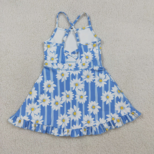 GSD2283  Flowers Blue Stripes Print Girls Summer Strap Shorts Ruffle Knee Length Yoga Dress