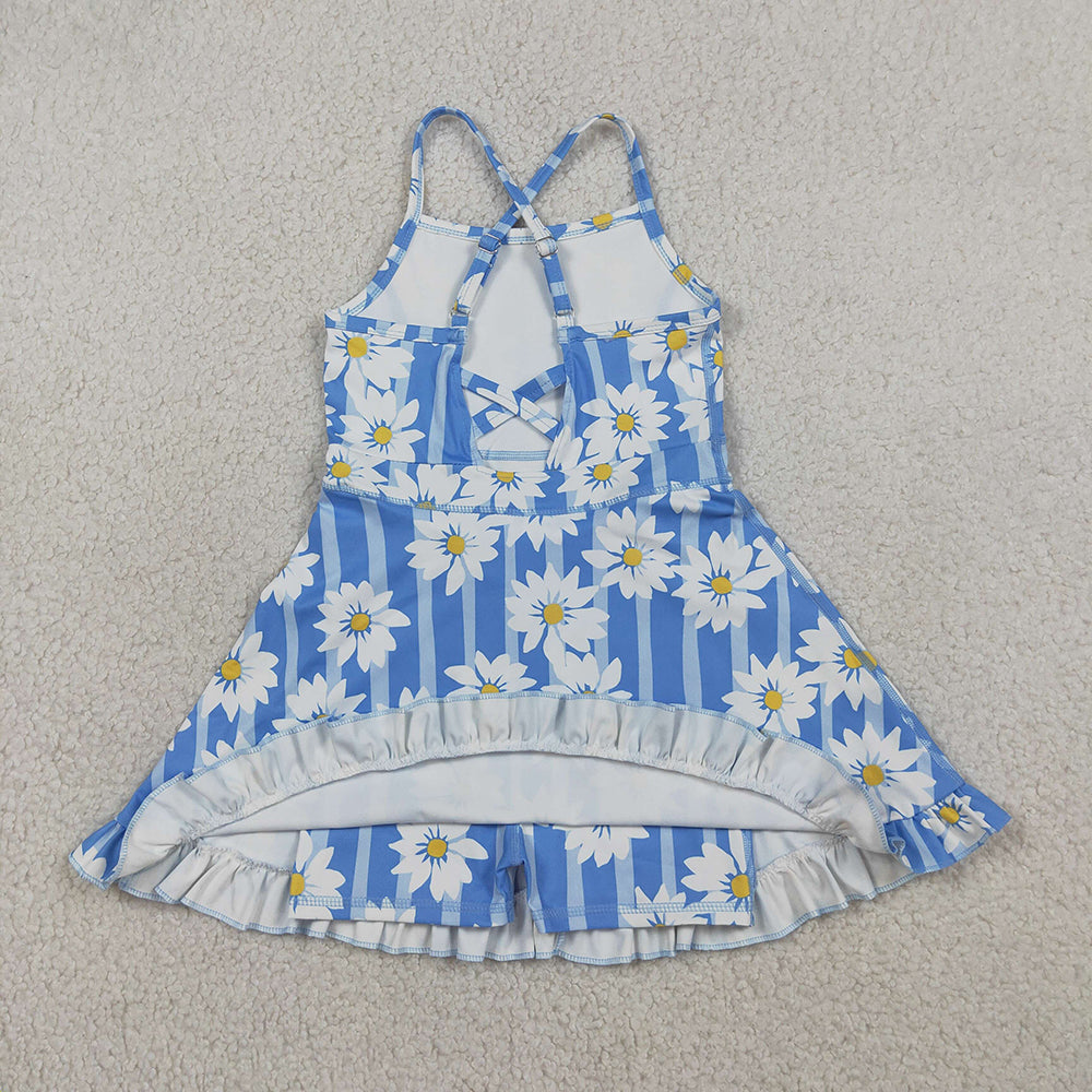 GSD2283  Flowers Blue Stripes Print Girls Summer Strap Shorts Ruffle Knee Length Yoga Dress