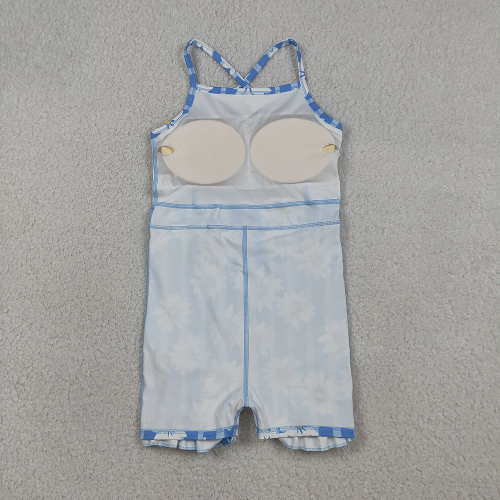 GSD2283  Flowers Blue Stripes Print Girls Summer Strap Shorts Ruffle Knee Length Yoga Dress