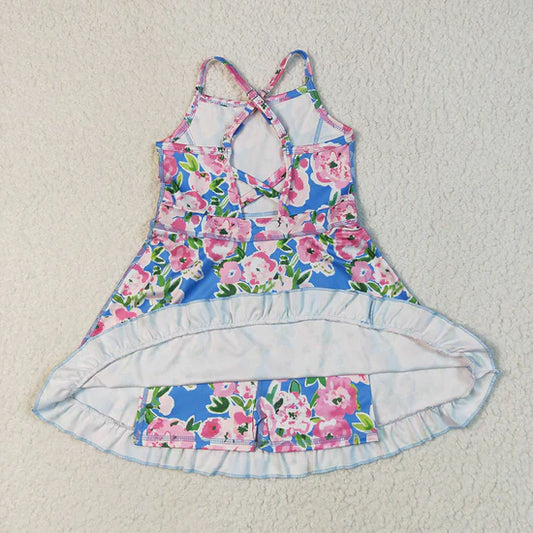 Baby Girls Blue Strap Colorful Floral Yoga Ruffle Knee Length Dresses