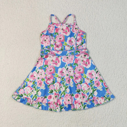 Baby Girls Blue Strap Colorful Floral Yoga Ruffle Knee Length Dresses