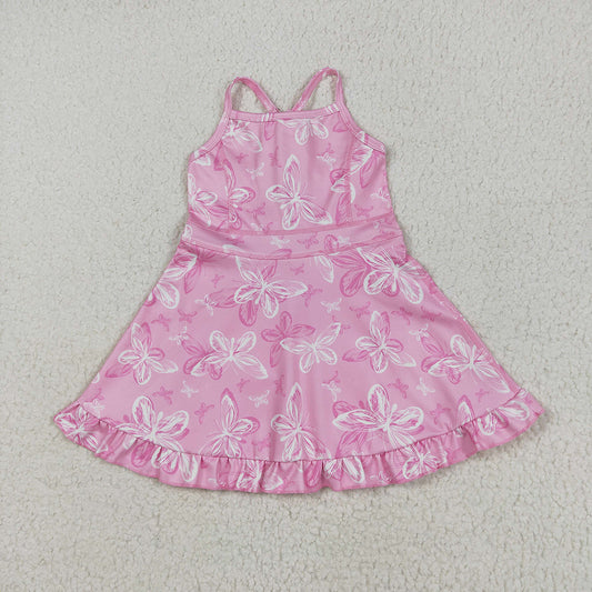 GSD2292 Butterfly Pink Print Girls Summer Strap Shorts Ruffle Knee Length Yoga Dress
