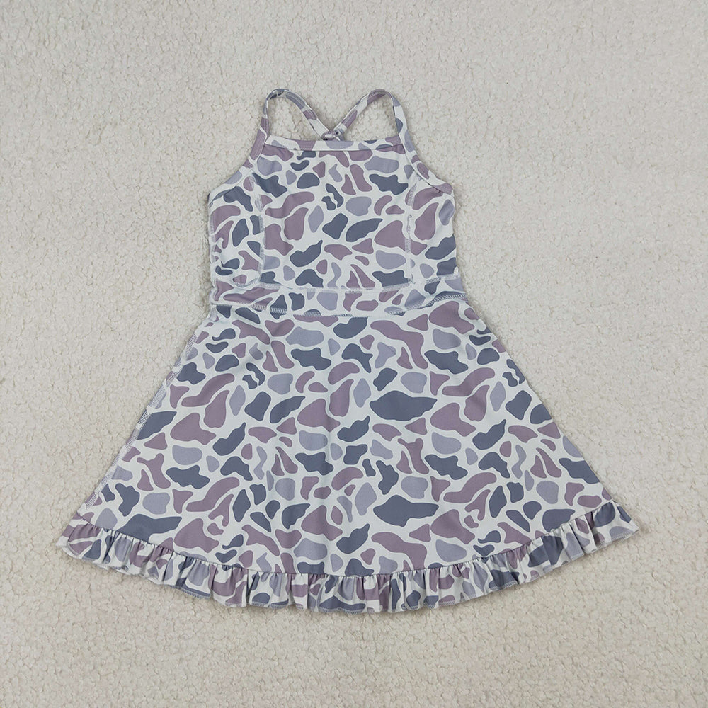 GSD2308 Grey Camo Print Girls Summer Strap Shorts Ruffle Knee Length Yoga Dress
