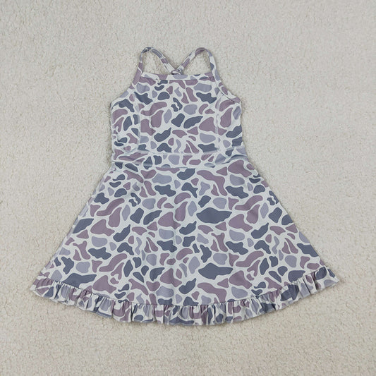 GSD2308 Grey Camo Print Girls Summer Strap Shorts Ruffle Knee Length Yoga Dress