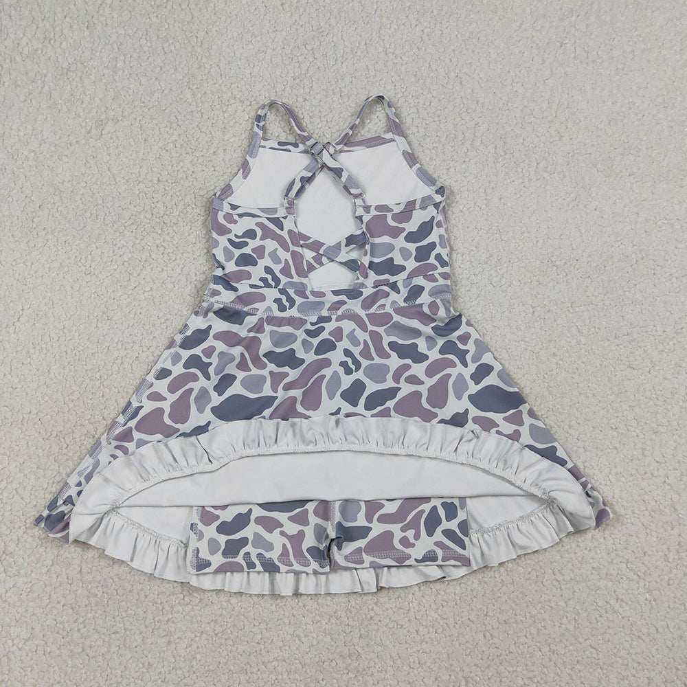 GSD2308 Grey Camo Print Girls Summer Strap Shorts Ruffle Knee Length Yoga Dress