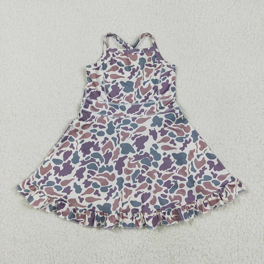 Baby Girls Strap Purple Green Camo Yoga Ruffle Knee Length Dresses
