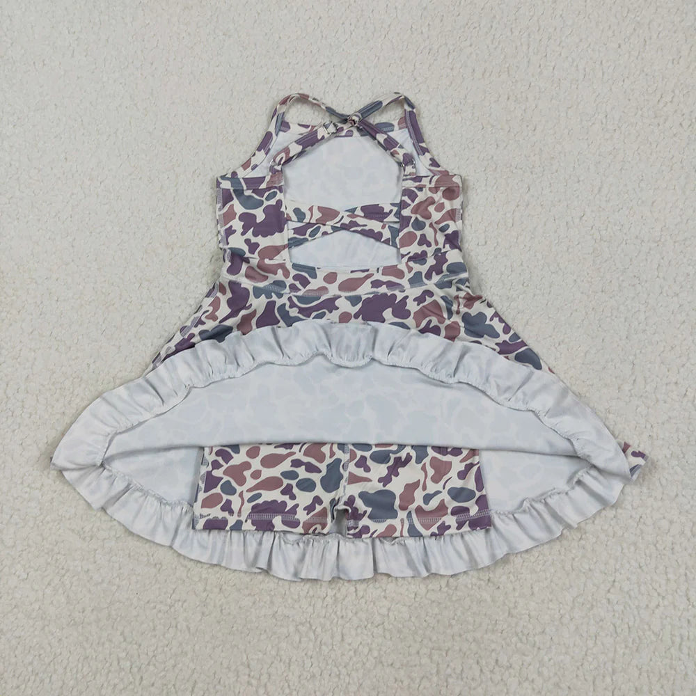 Baby Girls Strap Purple Green Camo Yoga Ruffle Knee Length Dresses