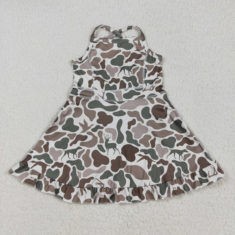 6 Colors Sibling Baby Girls Strap Hunting Camo Active Short Team Knee Length Dresses