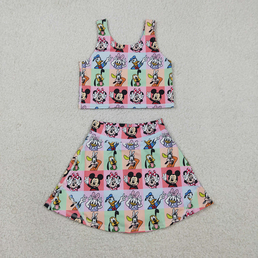 GSD2333 Cartoon Mouse Plaid Tank Top Skirts Shorts Girls Summer Yoga Clothes Set