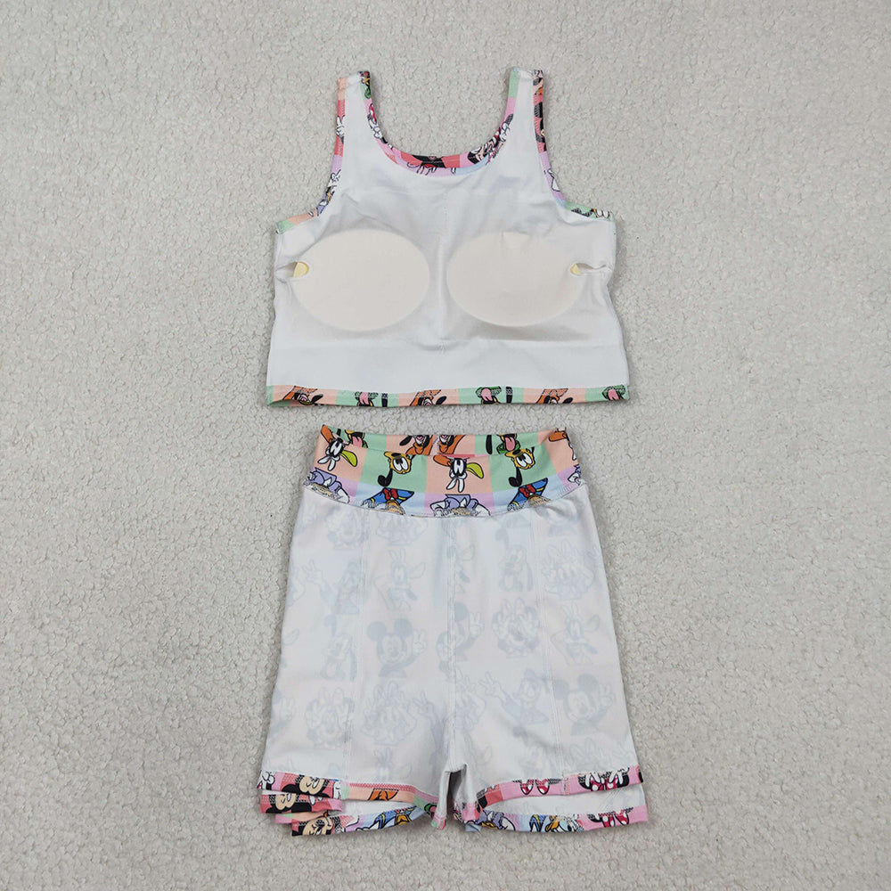 GSD2333 Cartoon Mouse Plaid Tank Top Skirts Shorts Girls Summer Yoga Clothes Set