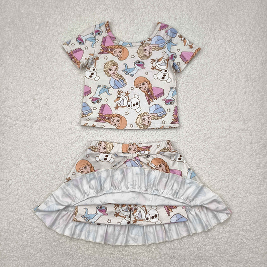 Sibling Baby Girls Cartoon character Outfit Short Sleeve Top +Skort Set