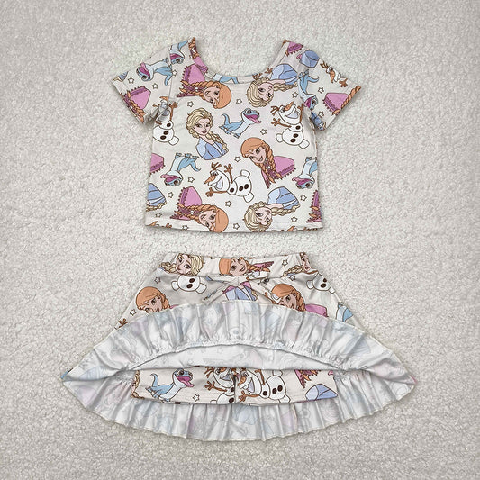 GSD2358  Cartoon Princess Crop Top Skirts Shorts Girls Summer Clothes Set