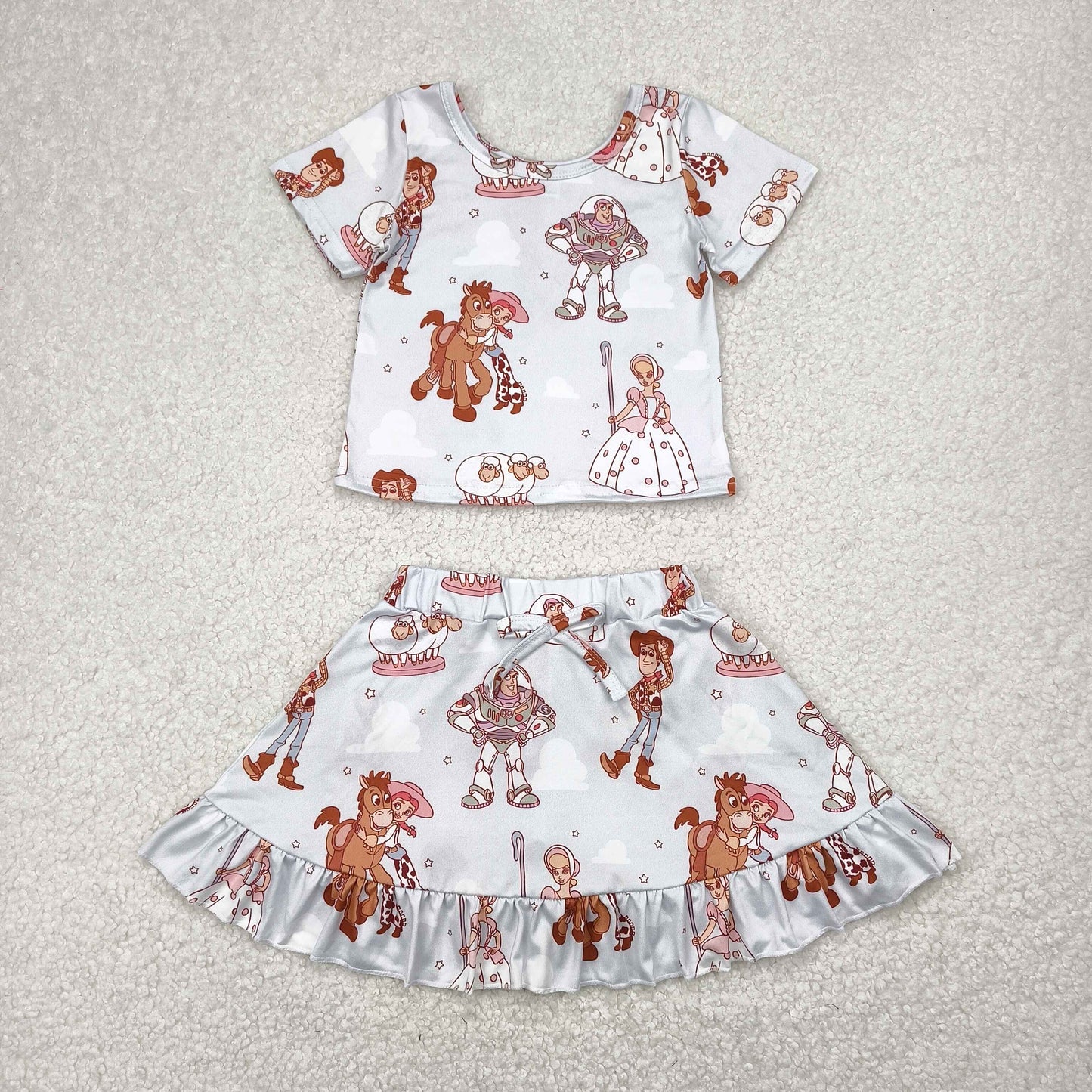 Sibling Baby Girls Cartoon character Outfit Short Sleeve Top +Skort Set