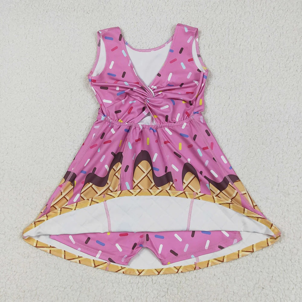 Toddler Girls Pink Ice Cream Waffle Sleeveless Sprinkle Print Active Dress
