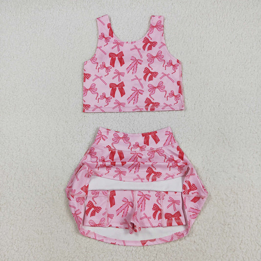 GSD2459 Pink Bows Tank Top Skirts Shorts Girls Yoga Clothes Set