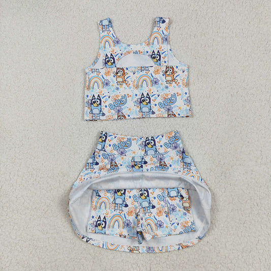 GSD2469 Cartoon Dog Tank Top Skirts Shorts Girls Summer Yoga Clothes Set