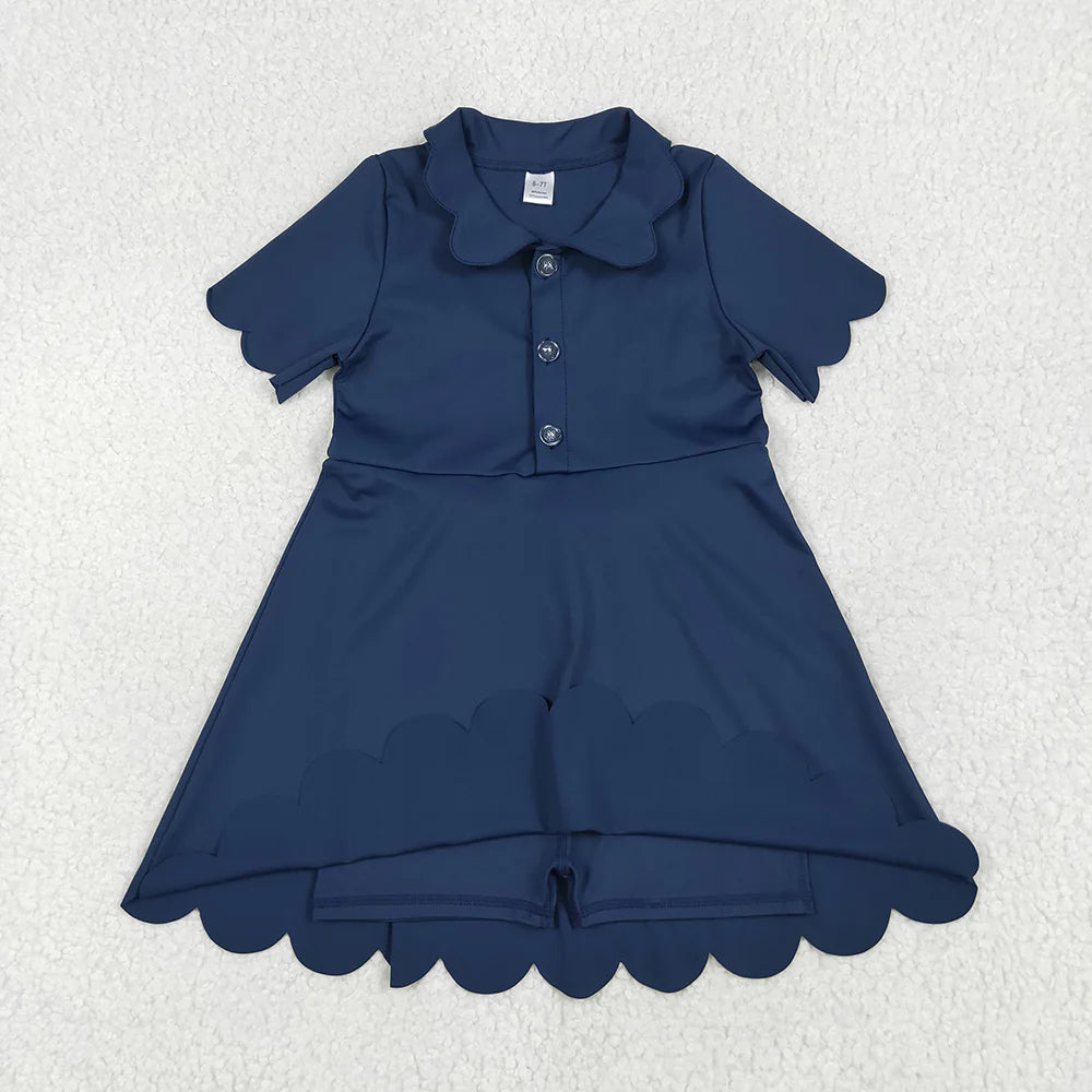 Toddler Sibling Girls Scalloped Collar Active Dress | Short Sleeve Kids Casual Dress (3 Colors)