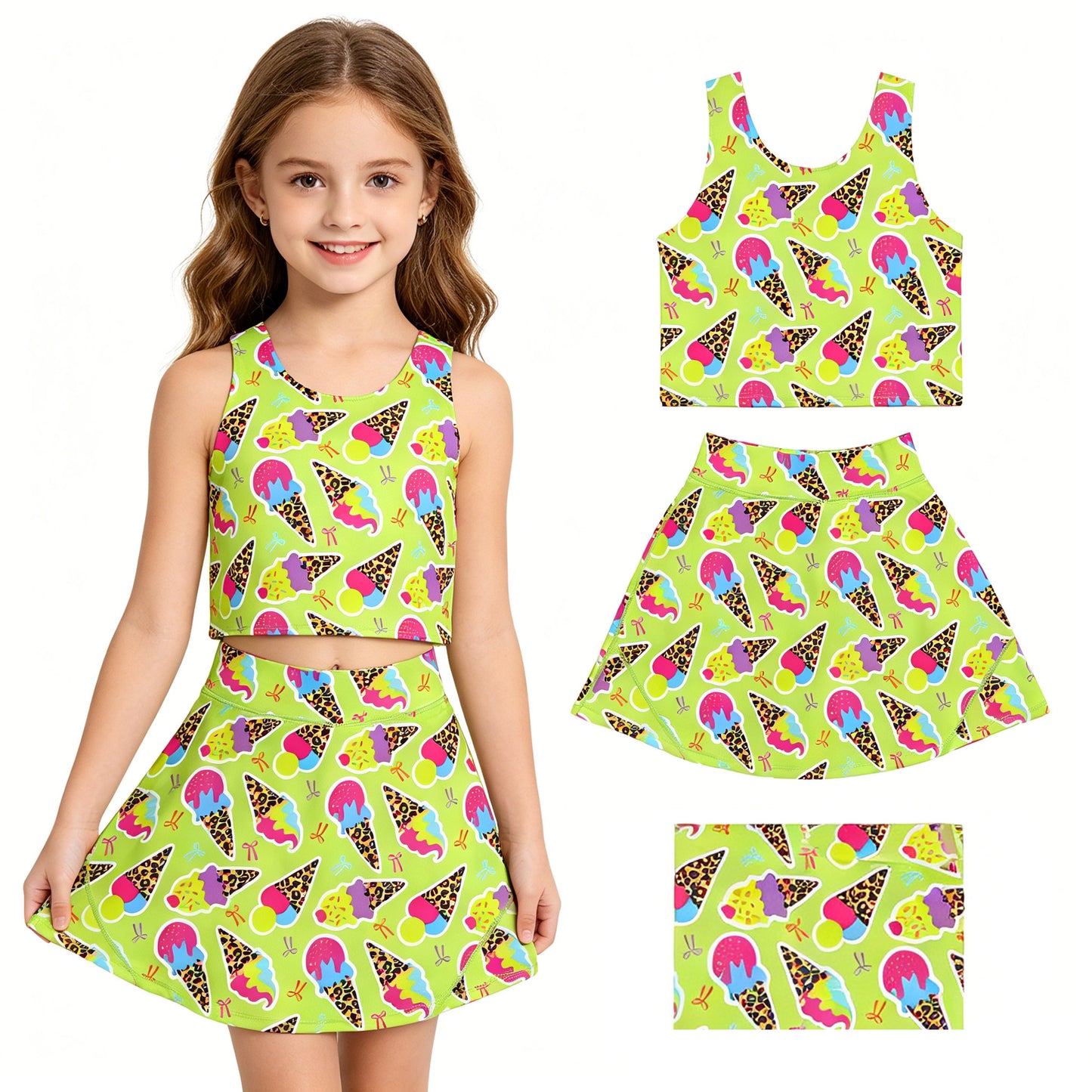 GSD2520 Leopard Ice Cream Tank Top Skort Girls Tennis Active Yoga Clothes Set