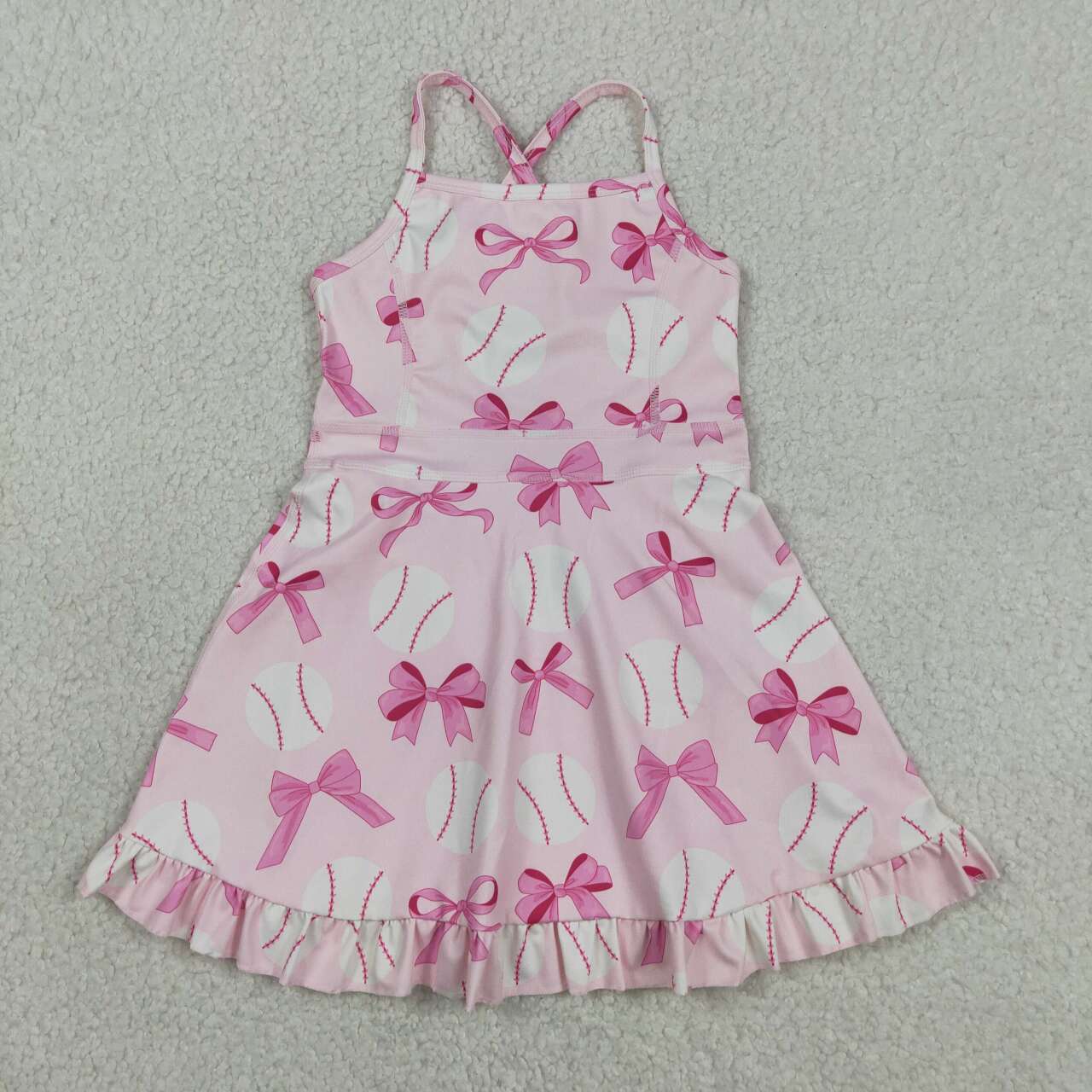 Baseball Bows Print Girls Summer Strap Shorts Ruffle Knee Length Yoga Dress