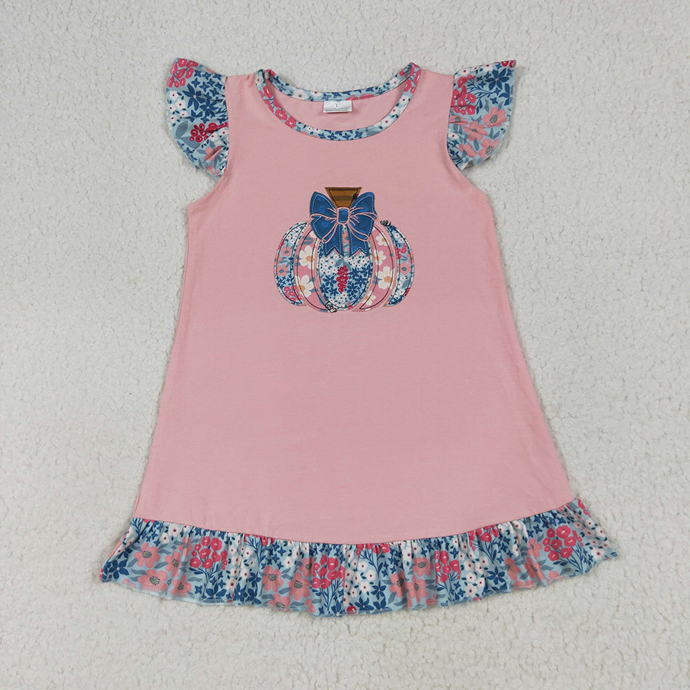 GSD2585 Pumpkin Embroidery Flowers Girls Ruffle Knee Length Dress